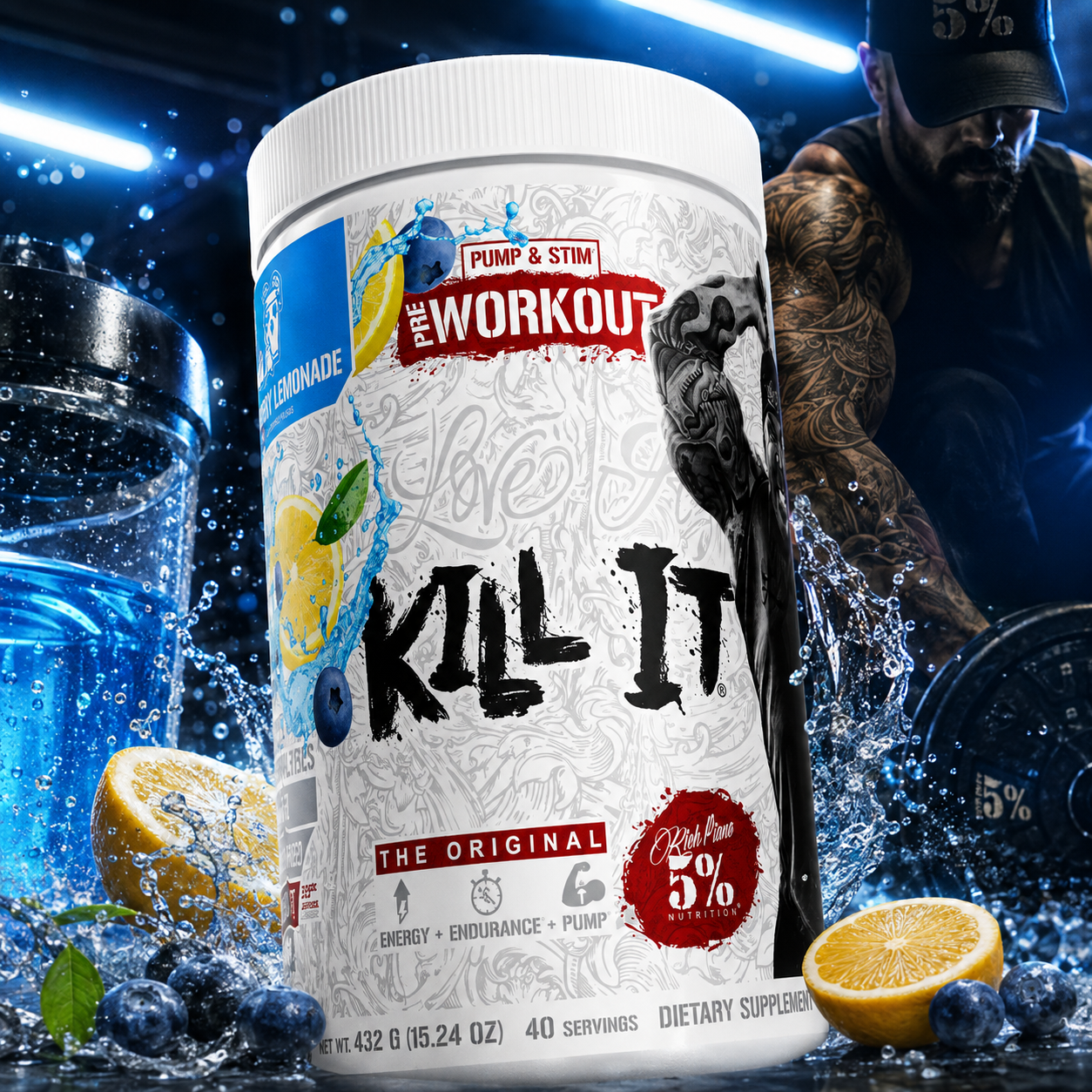 Rich Piana 5% Nutrition Kill It 432 g pre-workout Blueberry Lemonade dans un univers musculation