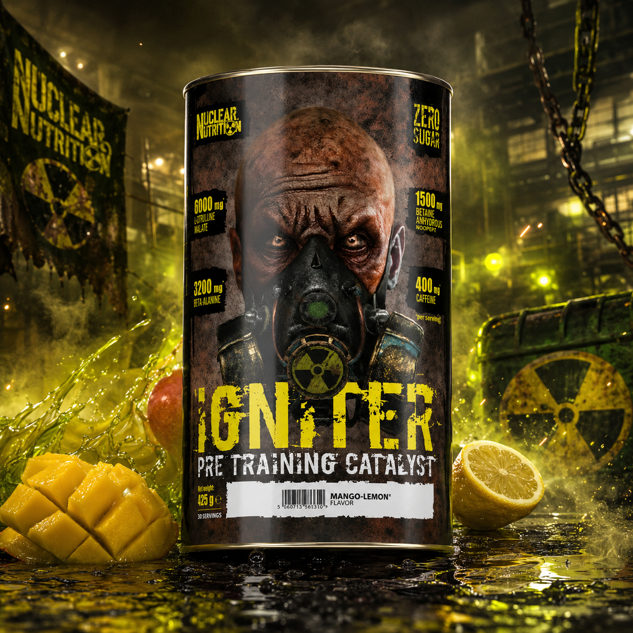 Nuclear Nutrition IGNITER 438 g pre-workout hardcore Mango Lemon dans un univers industriel intense