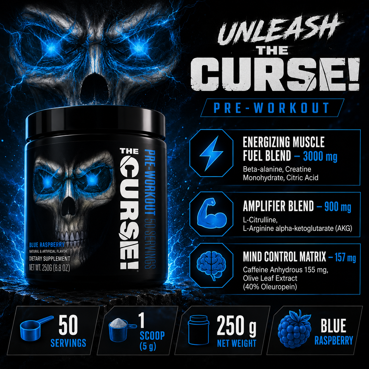 JNX Sports The Curse 250 g avec 155 mg de caféine et ses trois matrices pré-workout