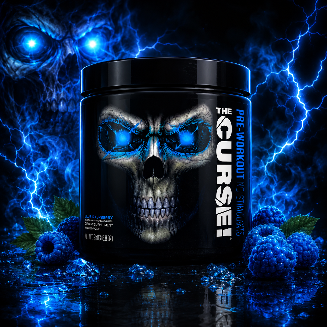 JNX Sports The Curse 250 g Blue Raspberry dans un univers électrique bleu avec glace et framboises