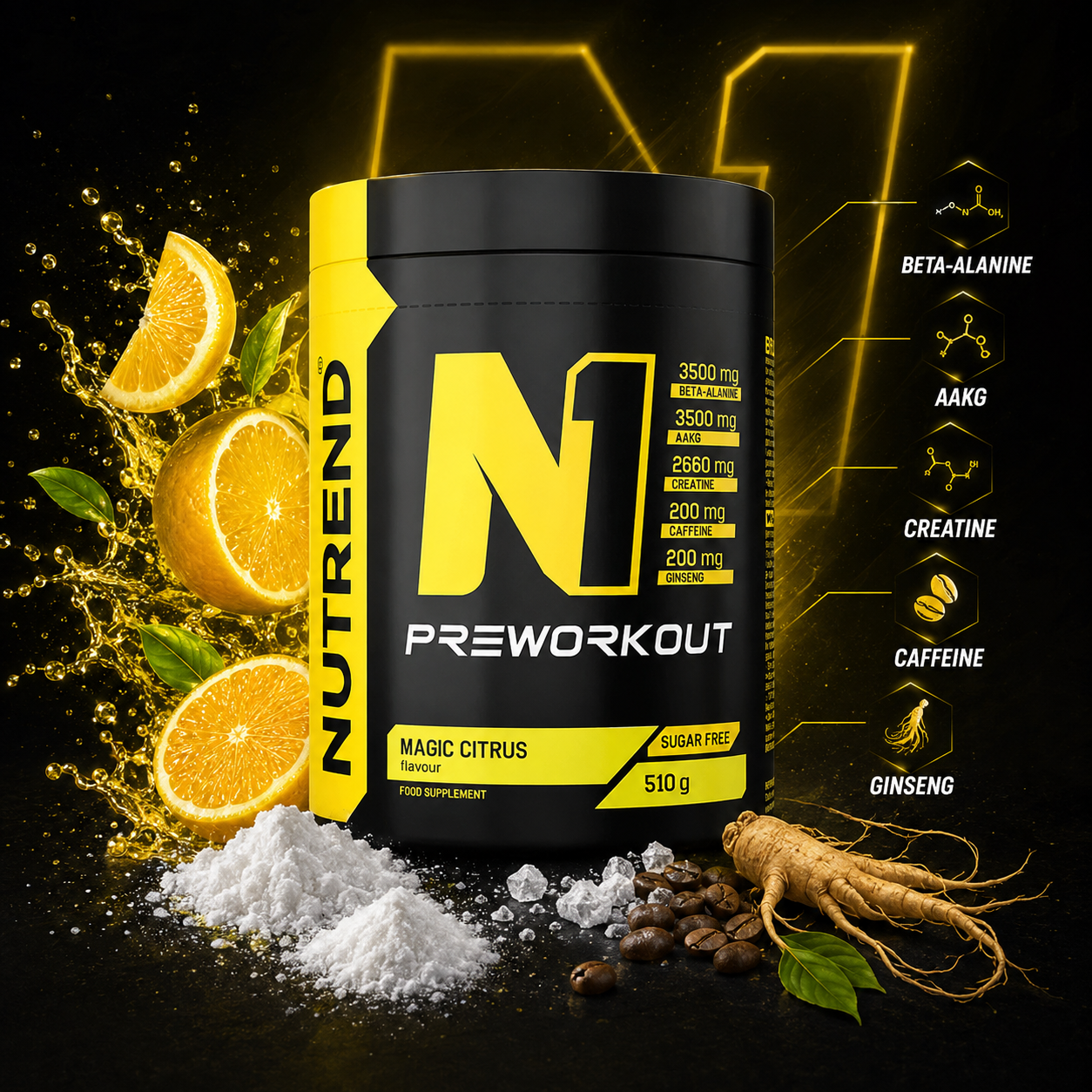 Nutrend N1 Pre-Workout 510 g Magic Citrus avec mise en avant des ingrédients AAKG, bêta-alanine, créatine, caféine et ginseng