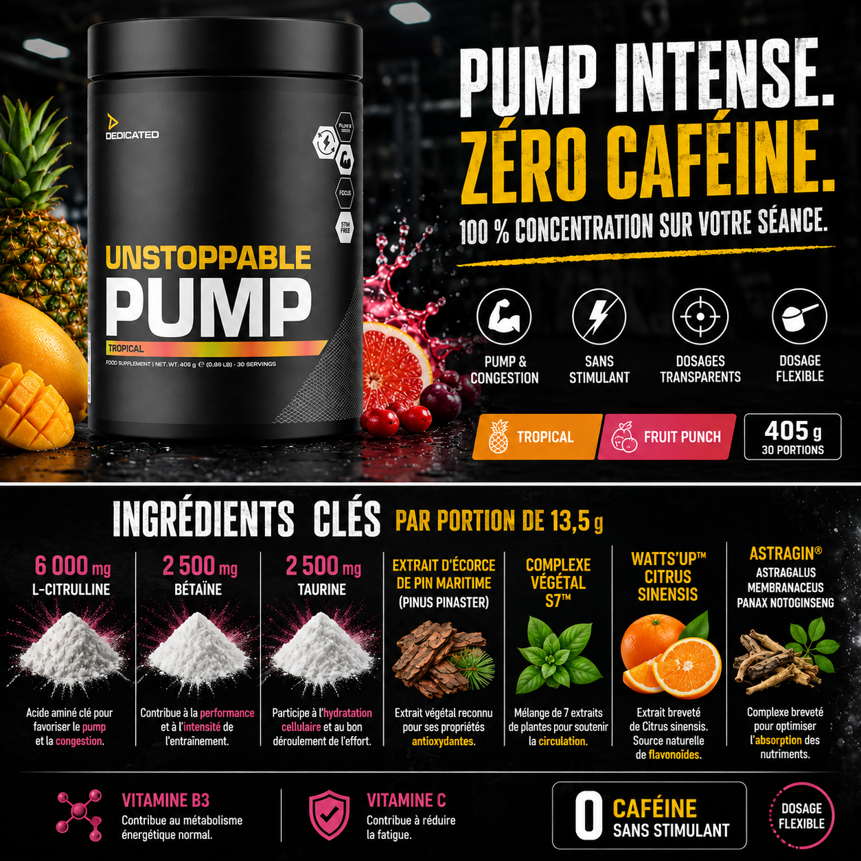 Dedicated Unstoppable Pump 6 g citrulline 2,5 g bétaïne 2,5 g taurine