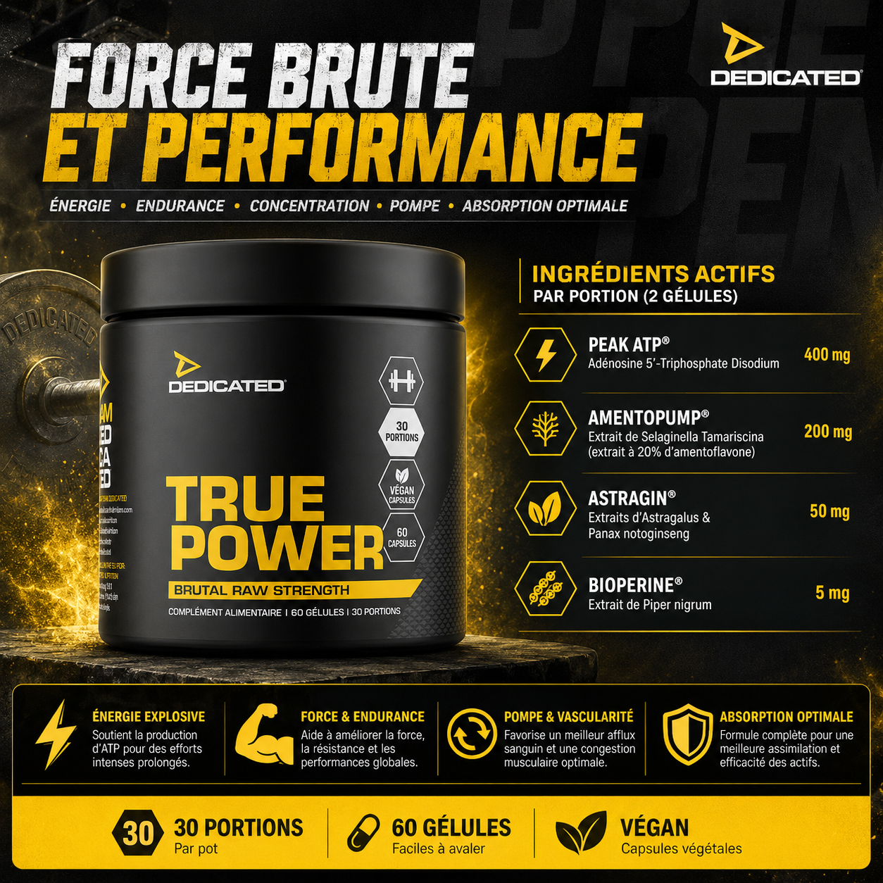 Dedicated True Power – Peak ATP, AmentoPump, AstraGin et BioPerine