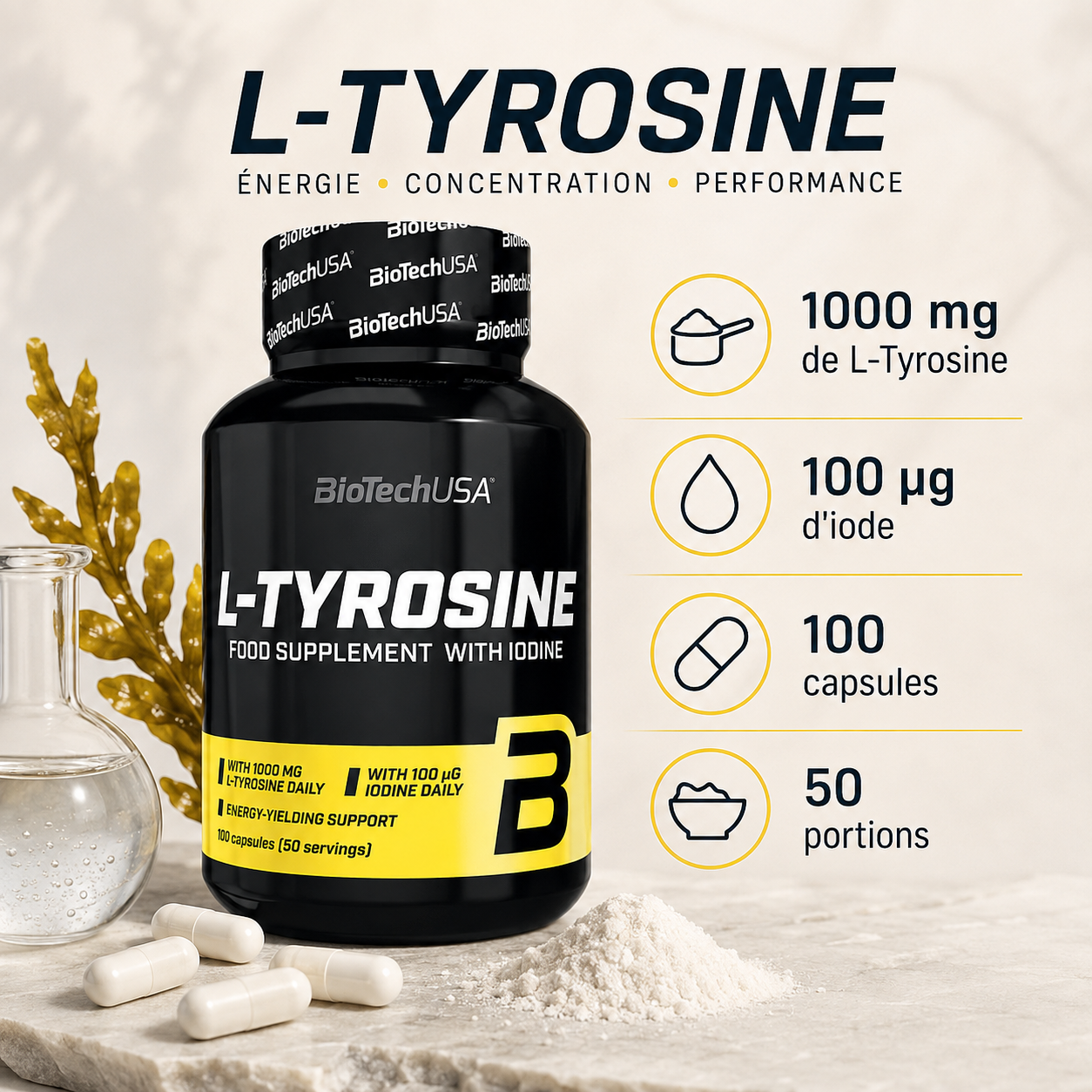 BioTechUSA L-Tyrosine avec poudre et capsules – 1000 mg de L-Tyrosine, 100 µg d’iode, 100 capsules