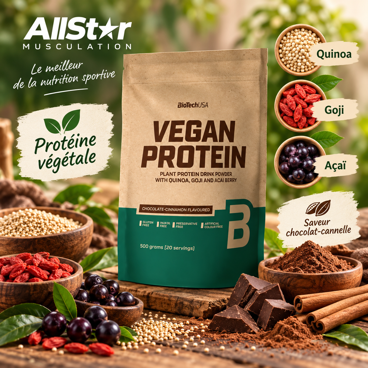 BioTechUSA Vegan Protein pois riz quinoa goji açaï