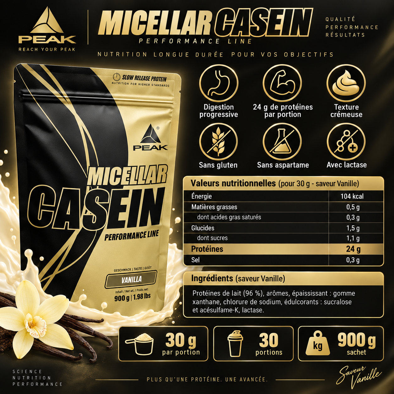 Peak Micellar Casein 900 g vanille avec ingrédients et valeurs nutritionnelles