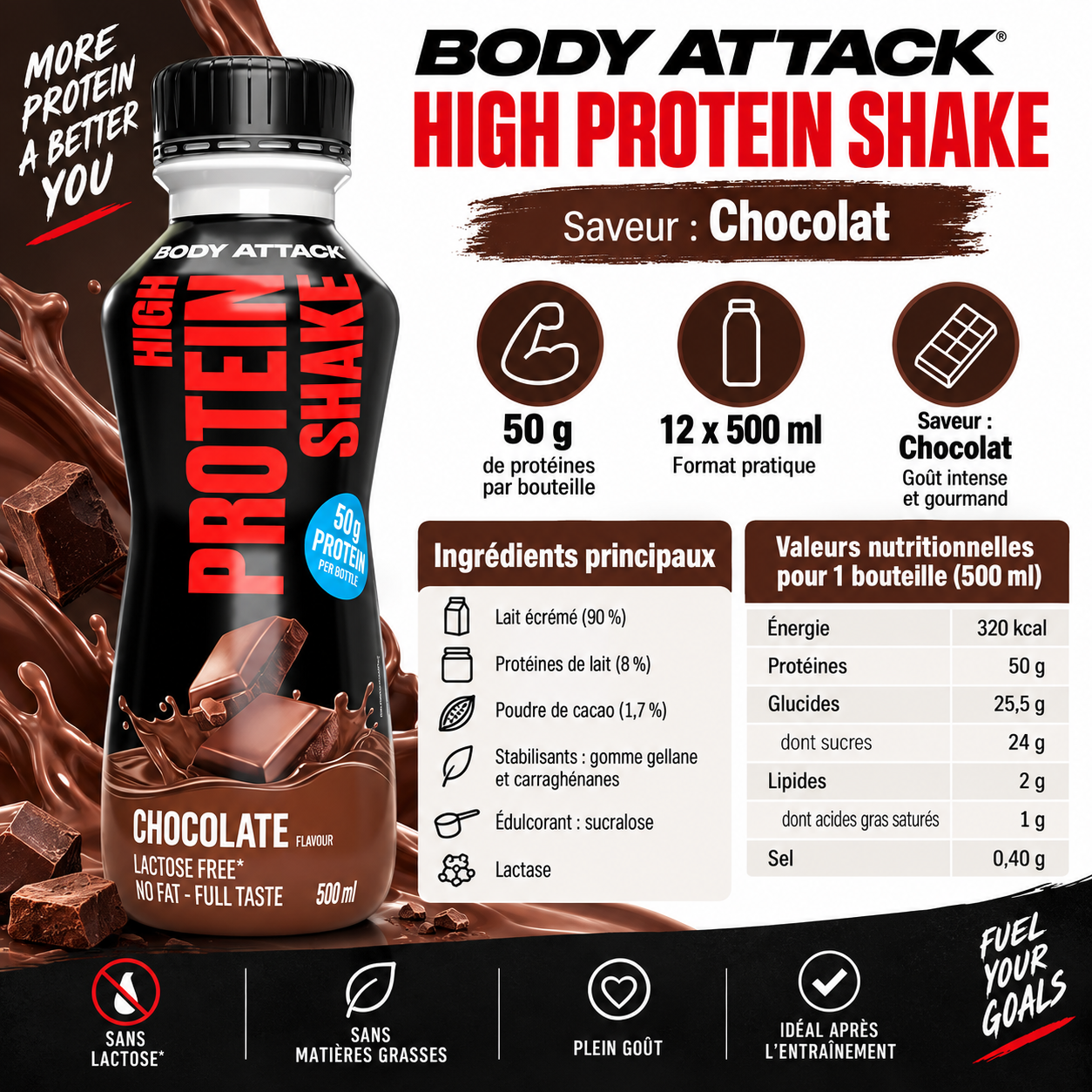 Body Attack High Protein Shake chocolat avec ingrédients principaux