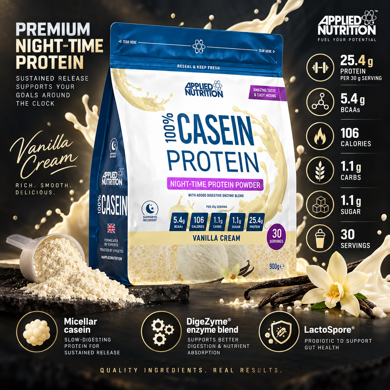 Applied Nutrition Casein 900 g Vanilla Cream avec ingrédients