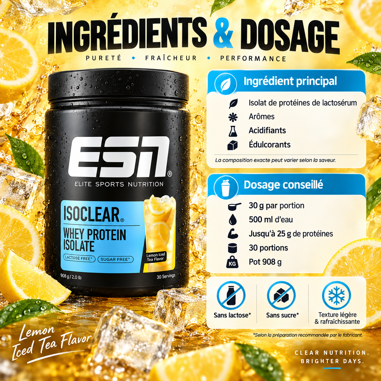 ESN Isoclear 908 g Clear Whey avec jusqu’à 25 g de protéines par portion