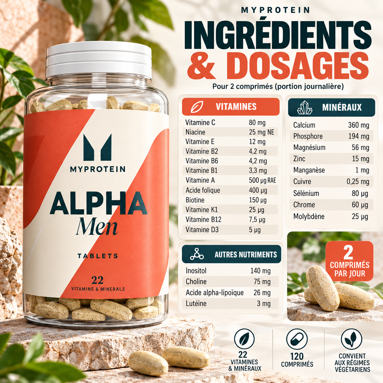 MyProtein ALPHA MEN Multivitamines 120 comprimés ingredients