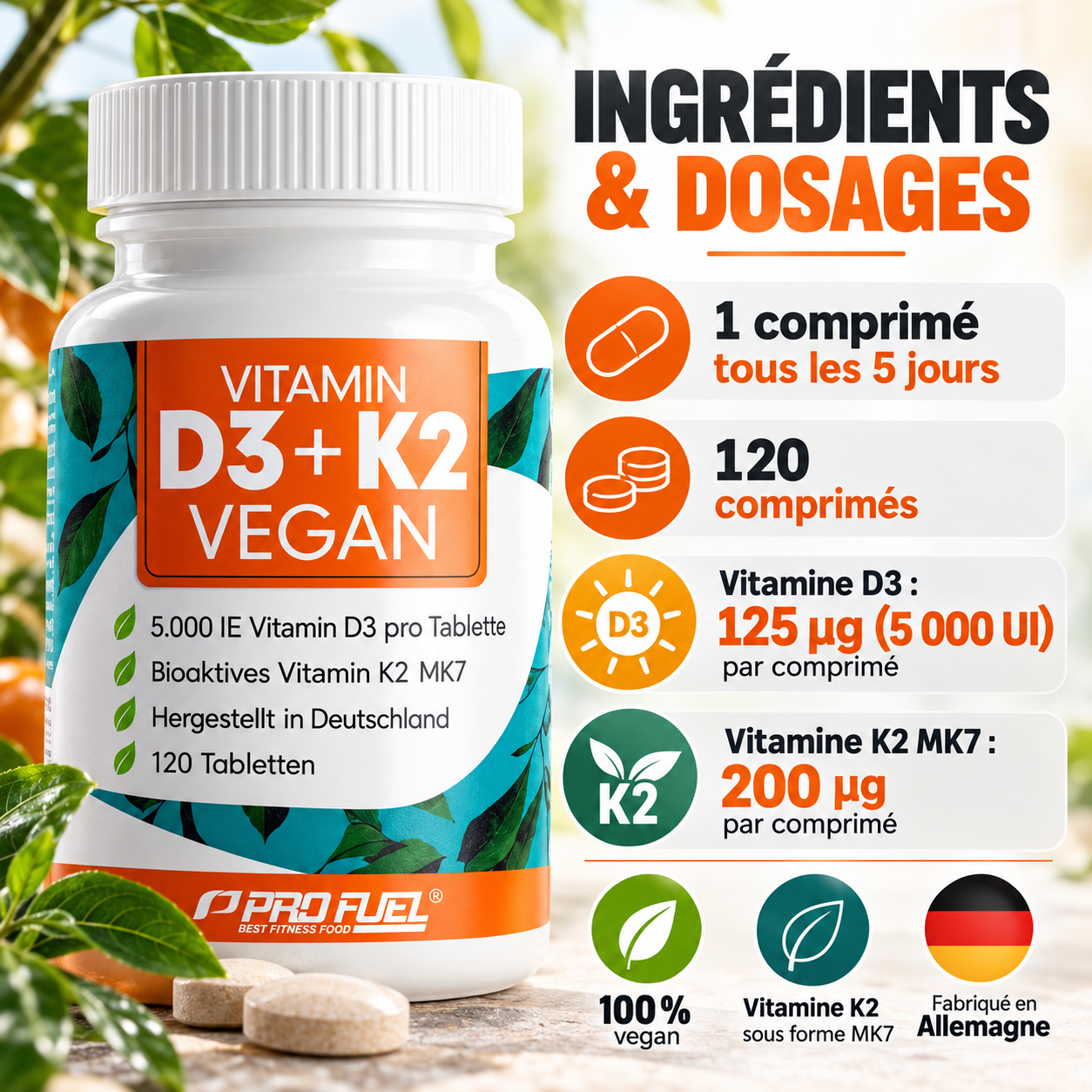 ProFuel Vitamine D3 et K2 120 comprimés ingredients