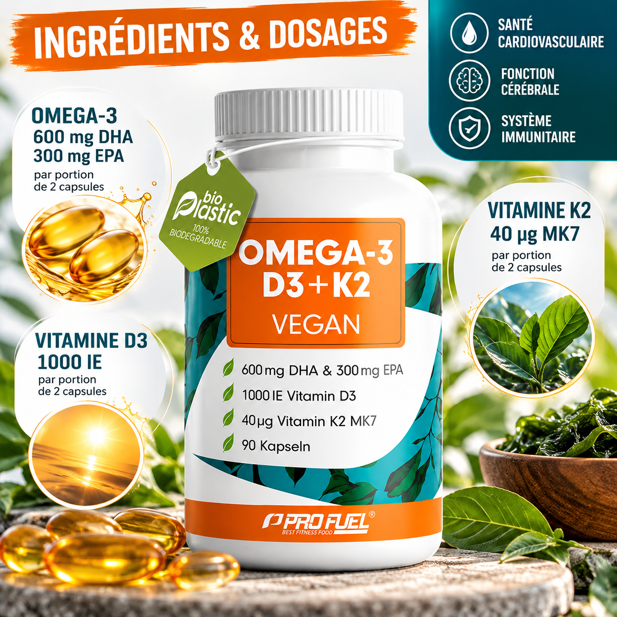 ProFuel Omega 3 + D3 + K2 90 gélules dhuile dalgues ingredients