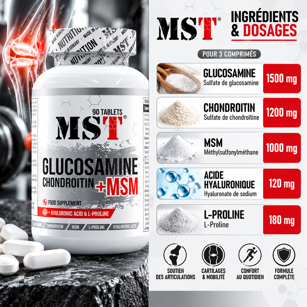 MST - Glucosamine Chondroïtine MSM + ACIDE HYALURONIQUE - 90 Comprimés ingredients