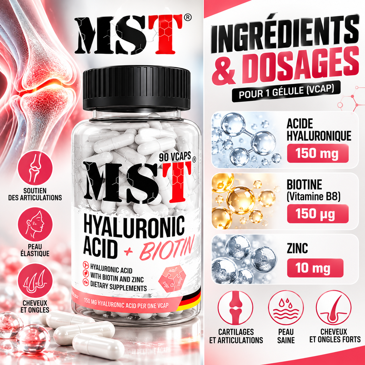MST - Acide hyaluronique 150 mg + Biotine 90 capsules ingredients