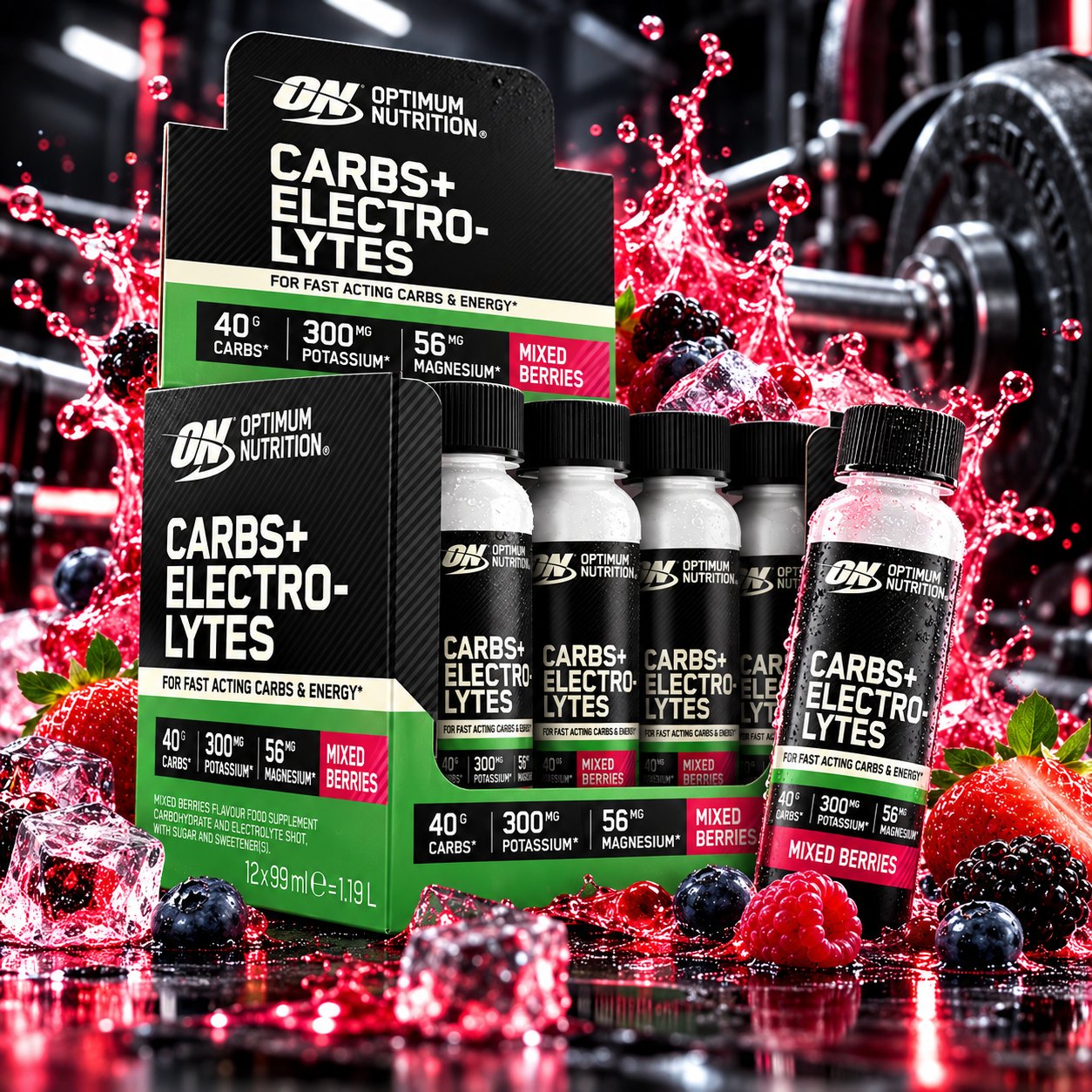 Optimum Nutrition Glucides + Électrolytes Shot 12x99ml Fruits Rouges