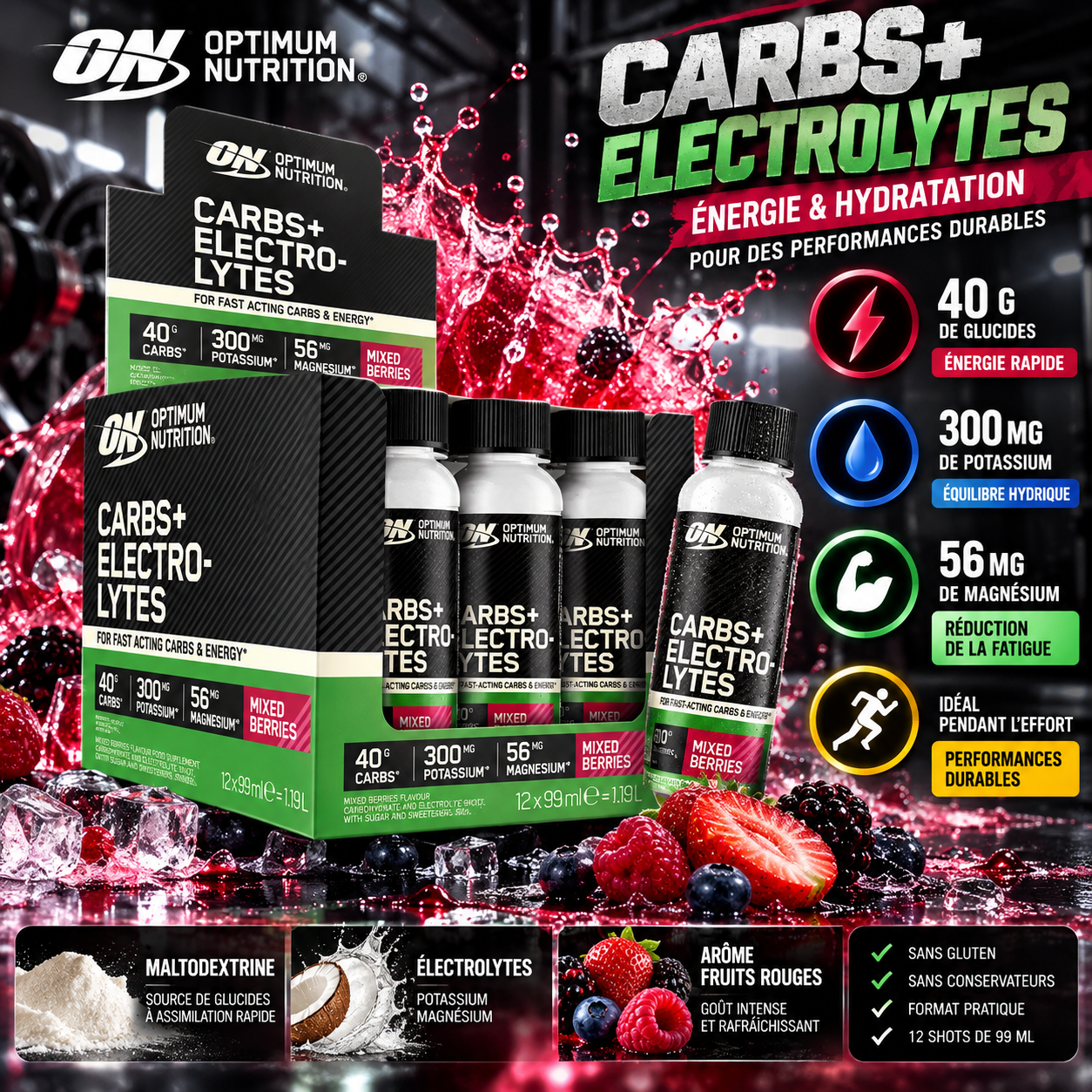 Optimum Nutrition Glucides + Électrolytes Shot 12x99ml Fruits Rouges ingredients