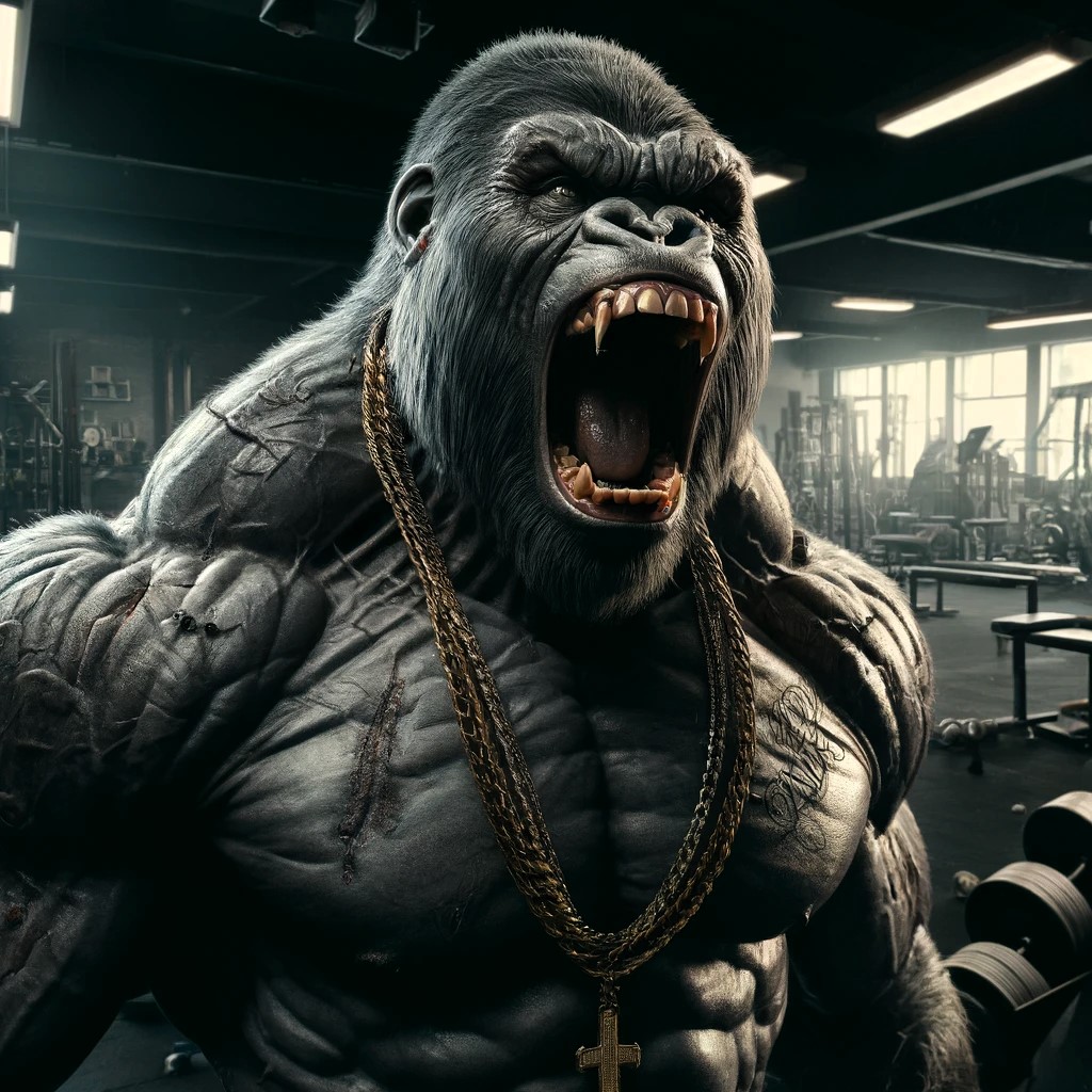 dall e 2024 05 29 10 38 32 a hyper realistic scene of an extremely angry and muscular gorilla in a fitness gym setting the gorilla is baring its teeth in a fierce expression w