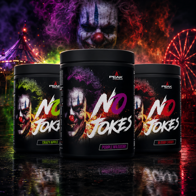 Peak No Jokes 600 g pre-workout avec les saveurs Bloody Cherry, Crazy Apple et Purple Wildberry