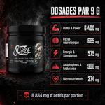 Dosages des cinq complexes de GymJuice Suizide Booster 270 g par portion de 9 g
