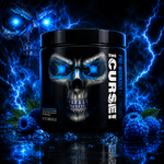 JNX Sports The Curse 250 g Blue Raspberry dans un univers électrique bleu avec glace et framboises