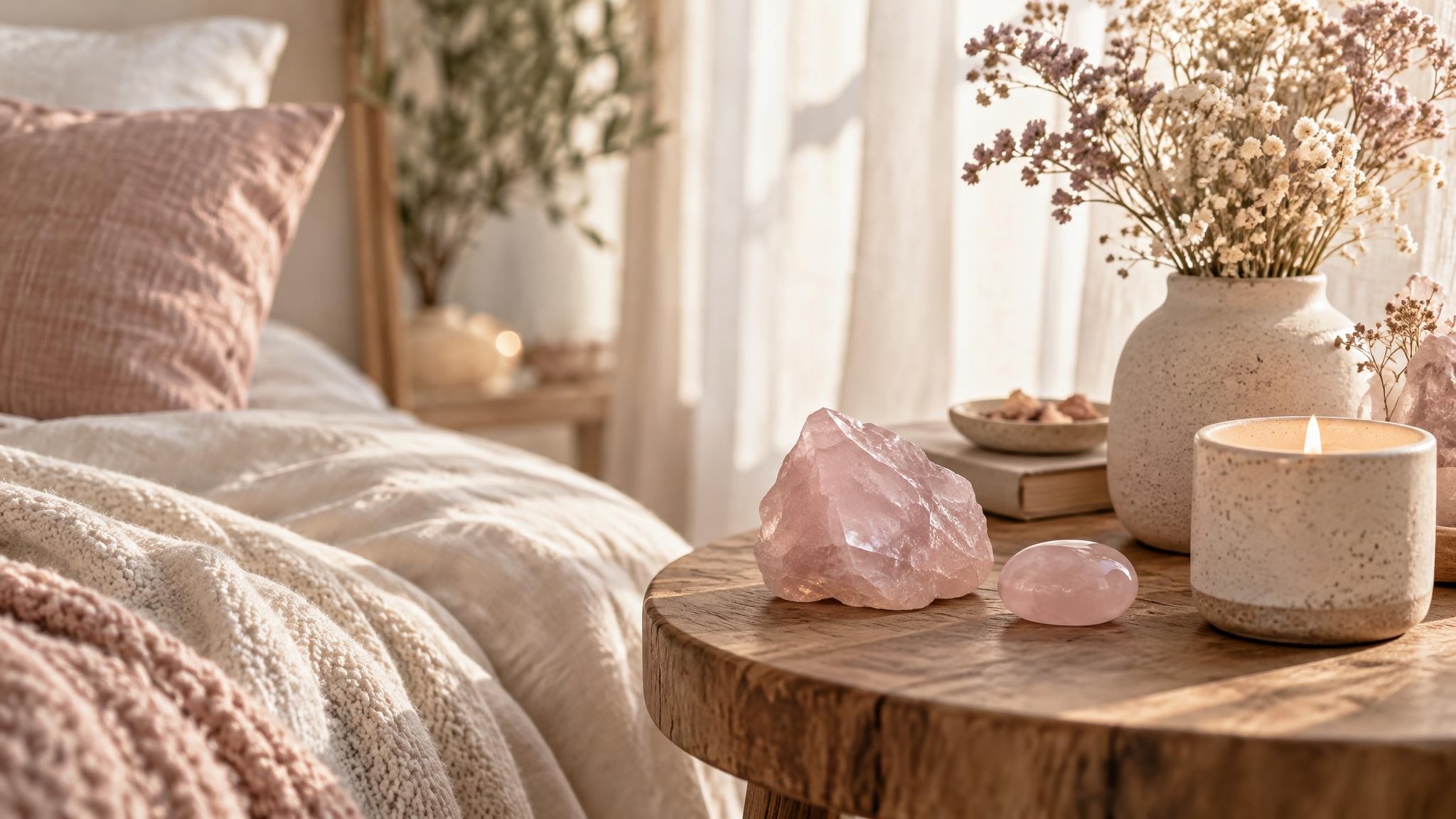 Quartz rose dans un espace de détente cocooning