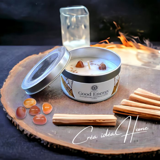 Bougie parfumée naturelle 130 g avec pierres de lithotherapie Cornaline