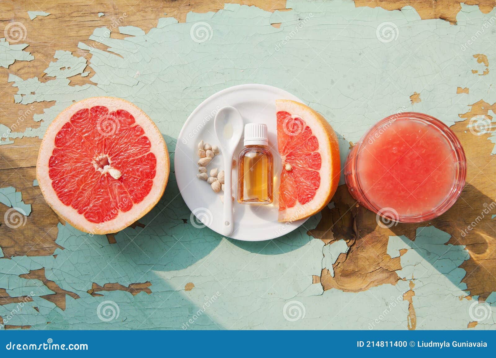 bottle grapefruit seed oil extract pieces seeds spoon glass fresh juice medicines treatment covid natural antibiotic 214811400