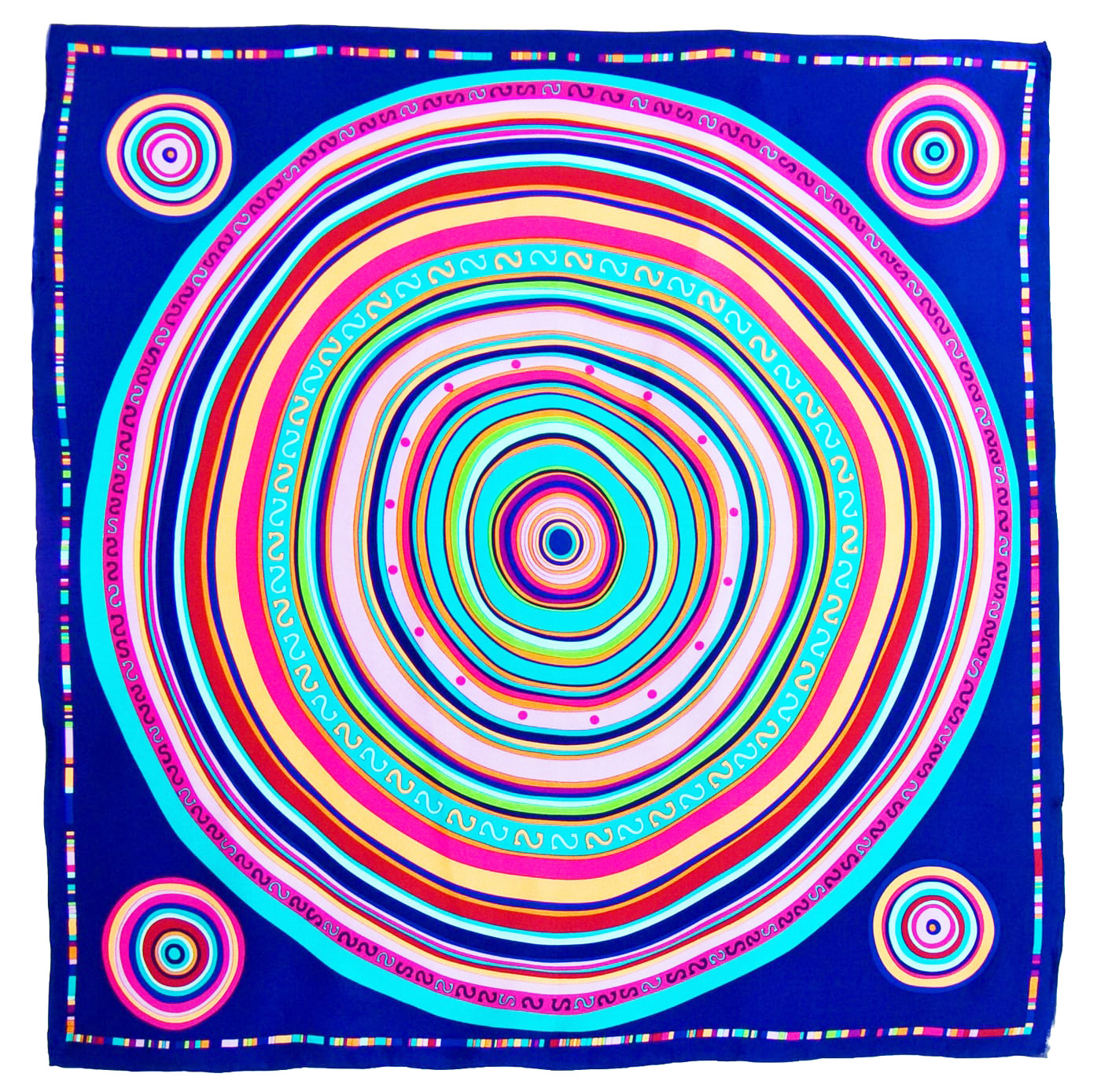 Foulard en soie satin bleu cercles premium 90 x 90 cm