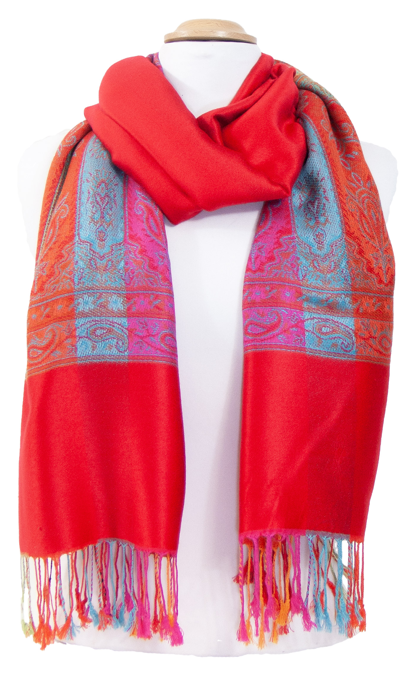 étole rouge clair pashmina motifs multicolores