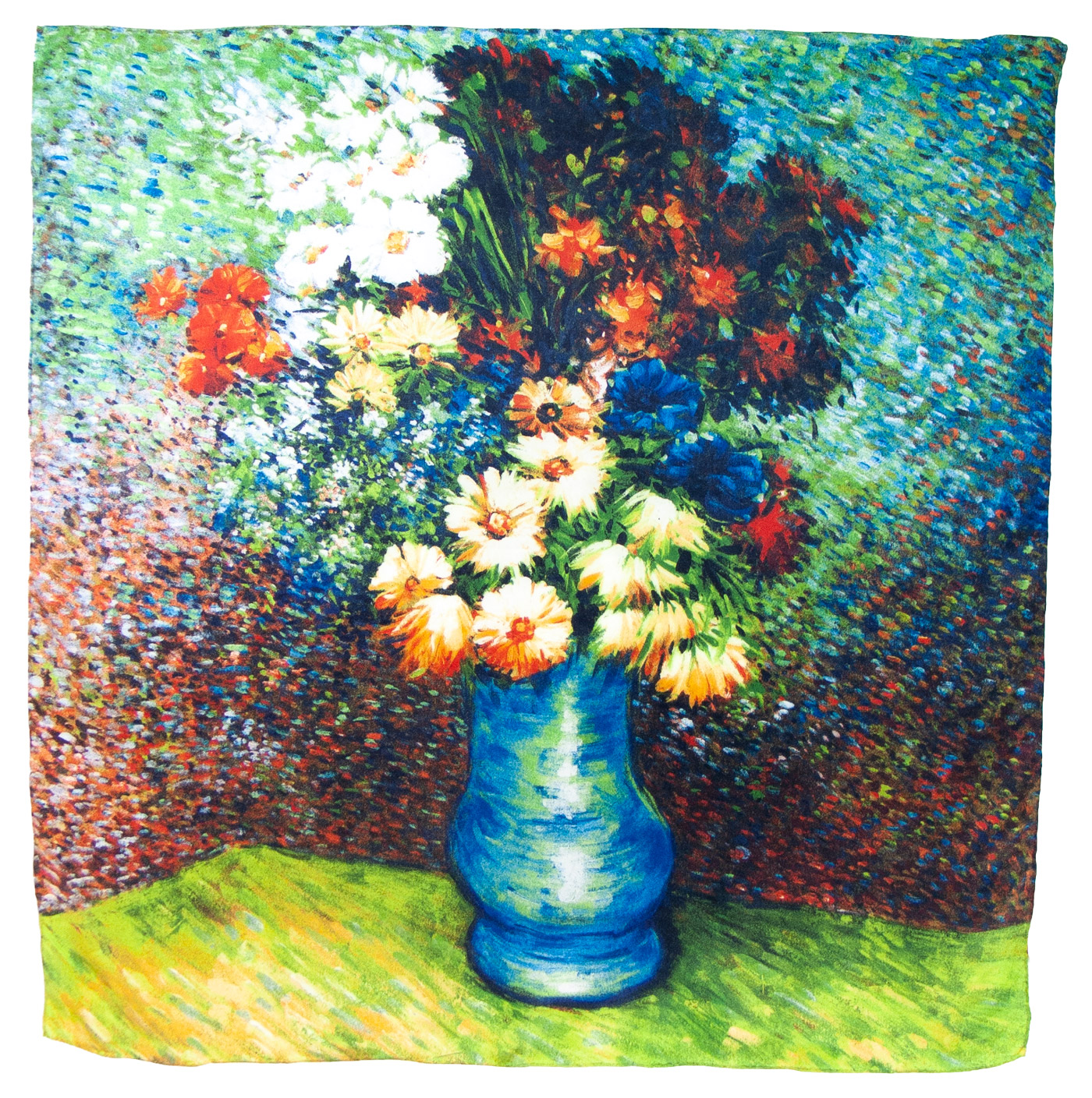 foulard carré en soie reproduction tableau fleurs dans un vase bleu Vincent Van Gogh