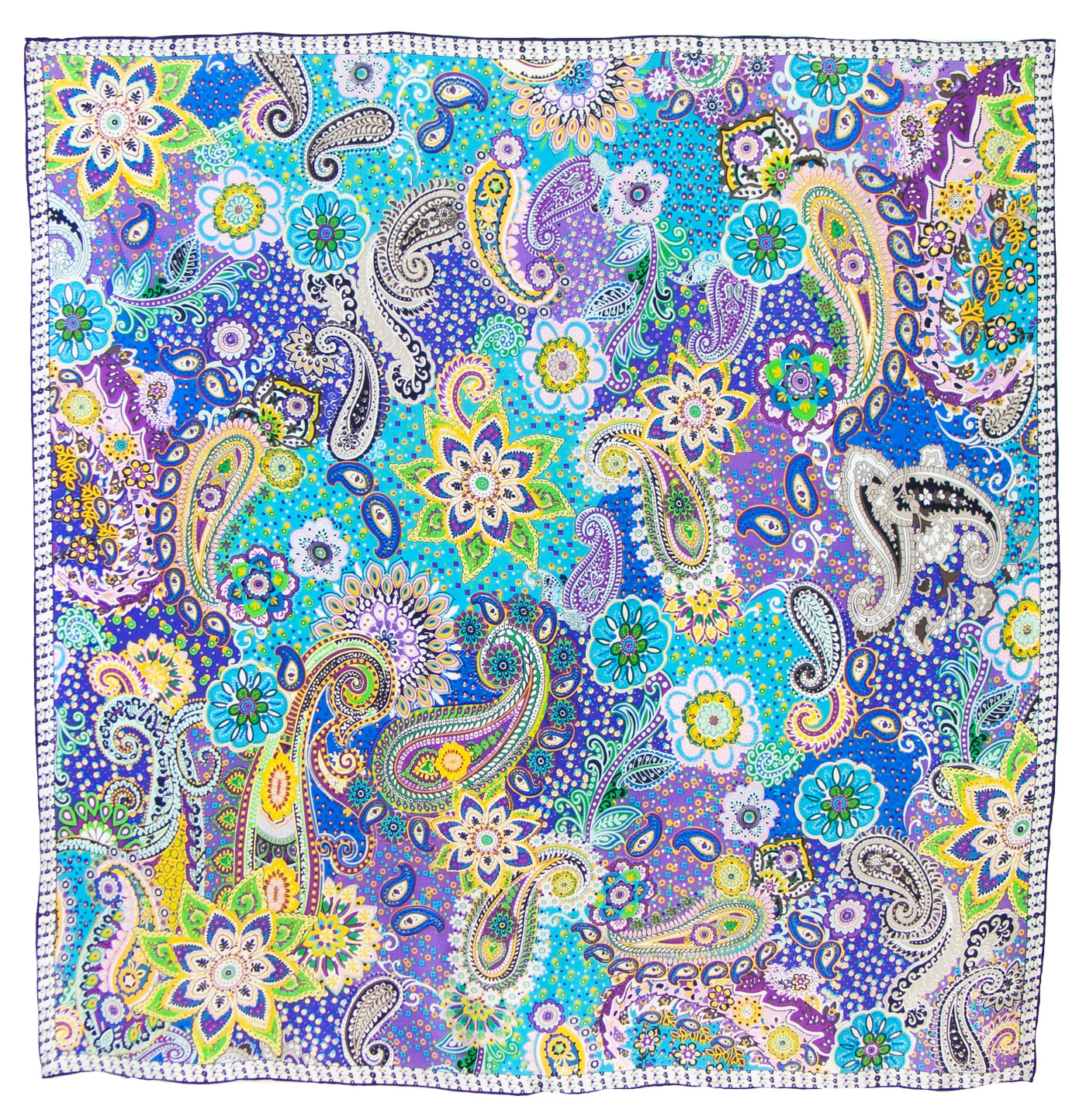 Foulard carré en soie bleu pour femme motifs cachemire