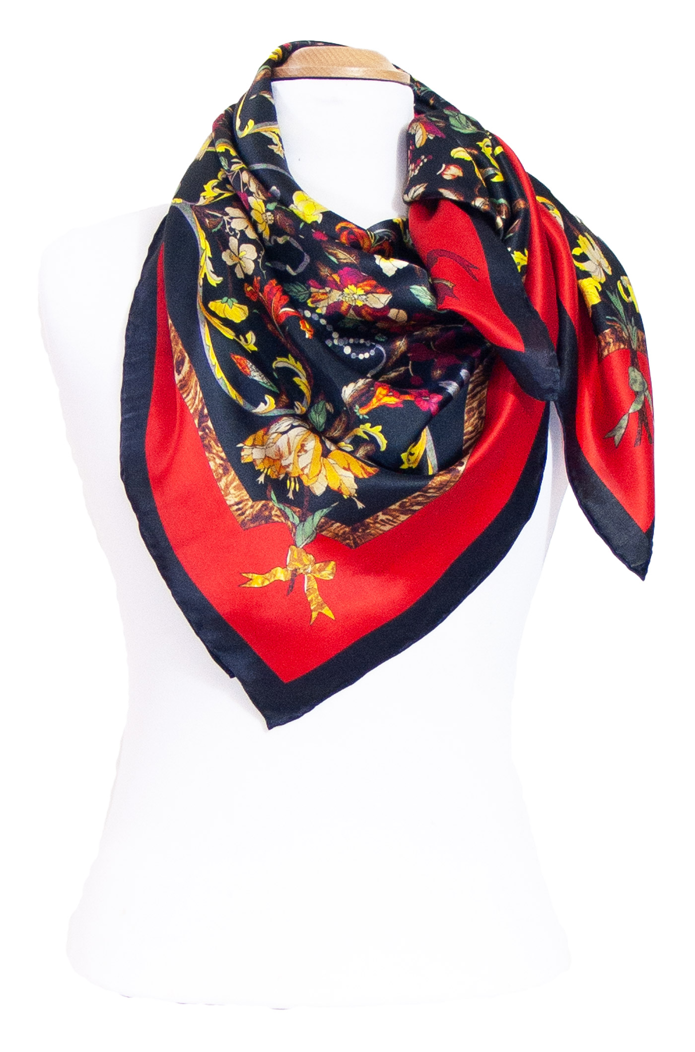 Foulard femme carré en soie rouge noir oiseaux constance