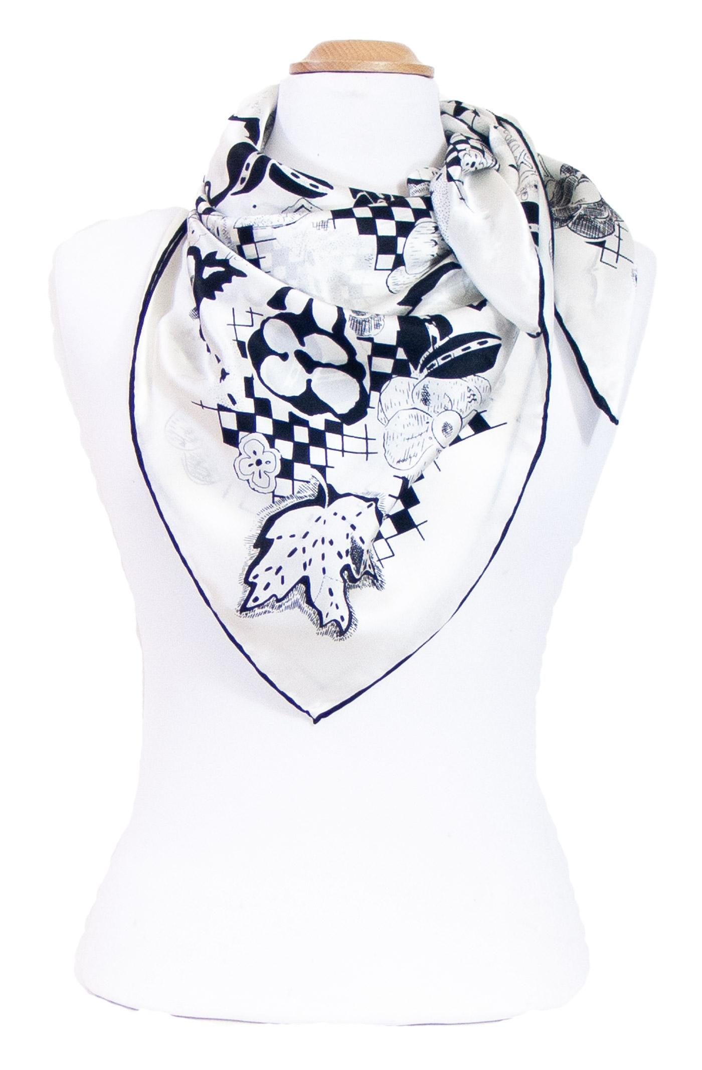 Foulard femme carré en soie blanc noir fleurs damiers Ella