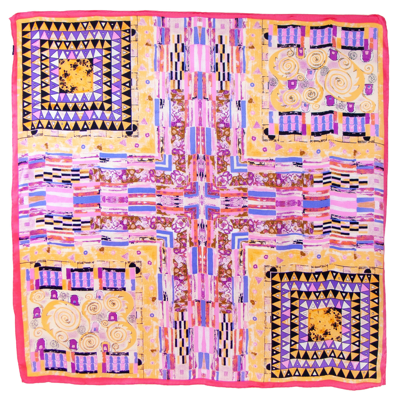 Foulard carré en soie rose pour femme motifs géométriques Théa