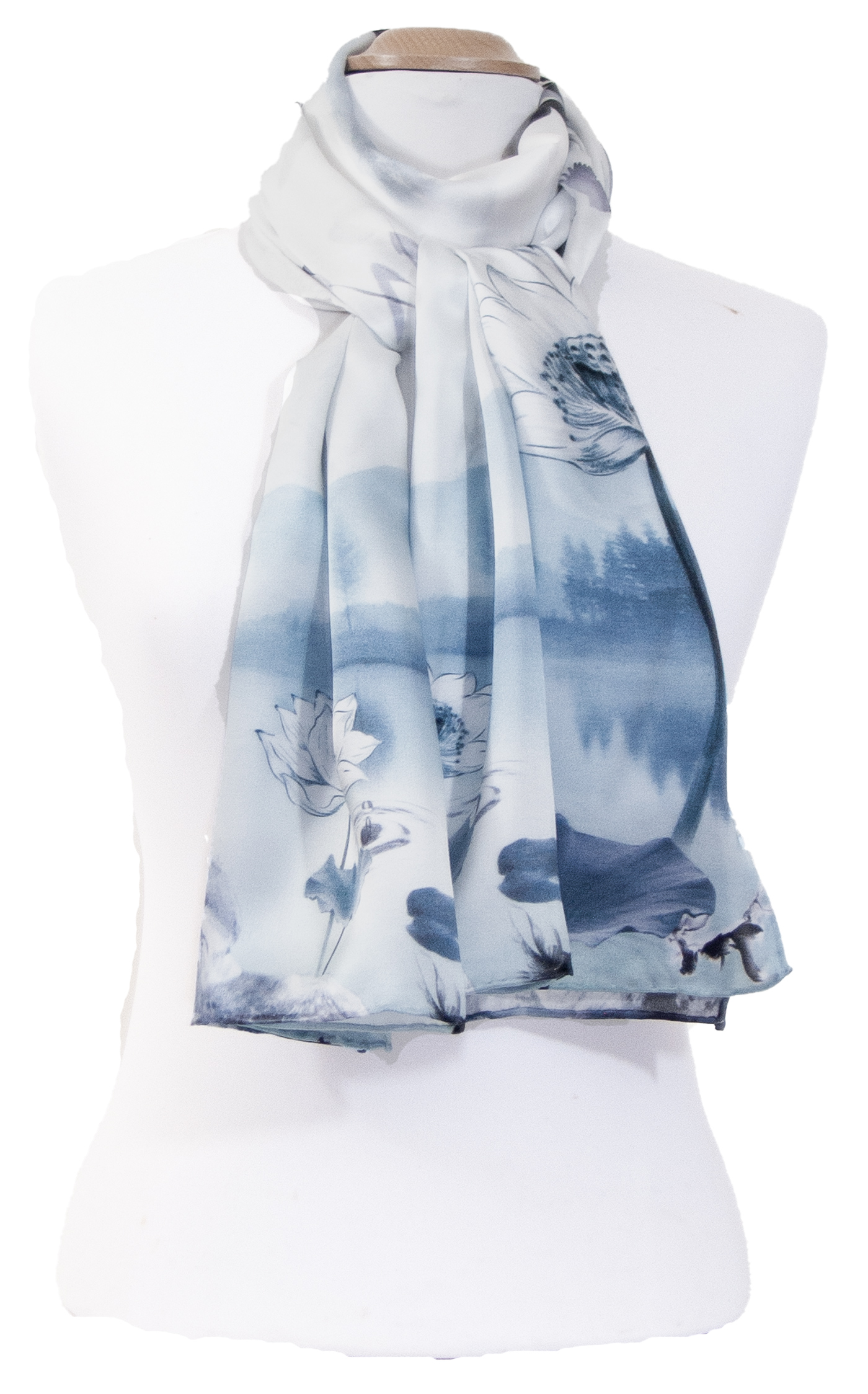 écharrpe foulard soie femme bleu gris fleurs de lotus