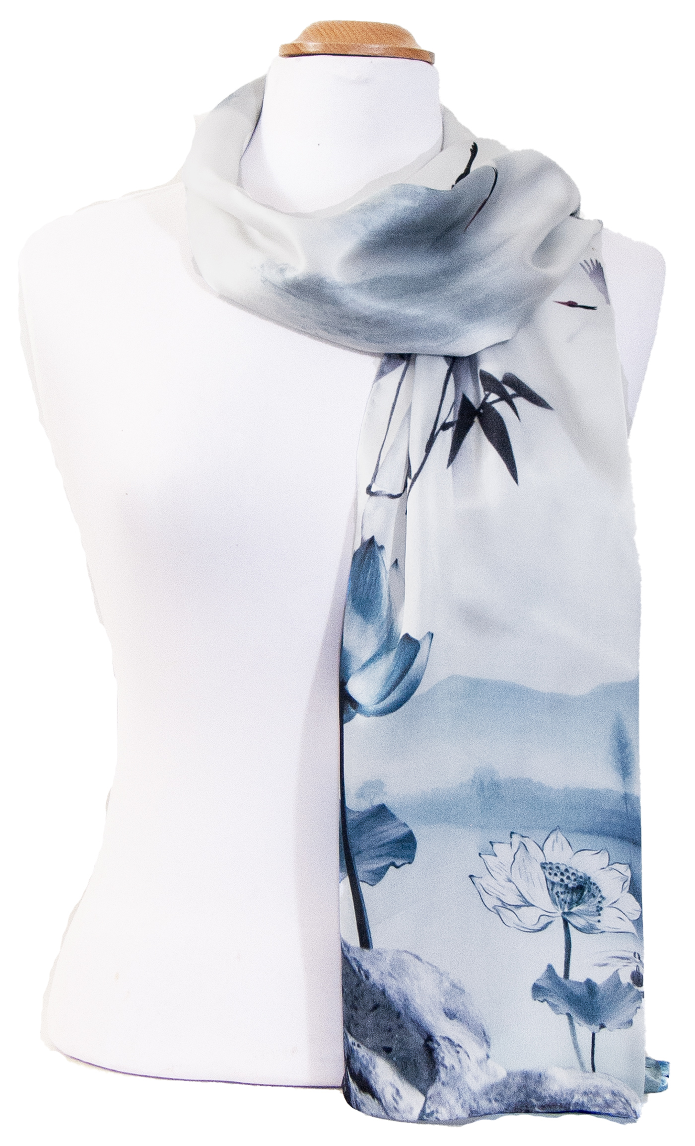 foulard écharpe soie femme bleu gris fleurs de lotus