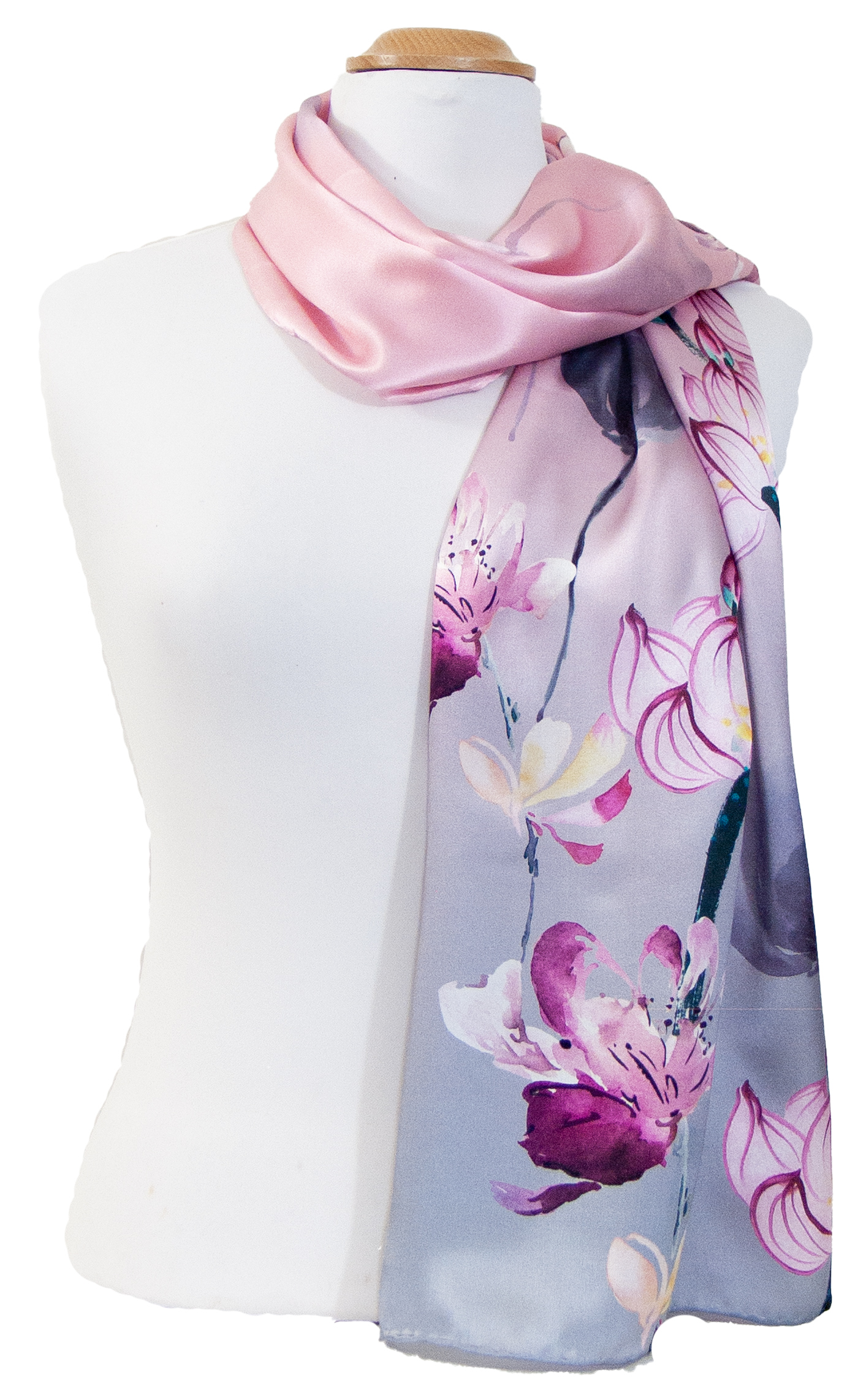 écharrpe foulard soie femme gris rose fleuri Lorine