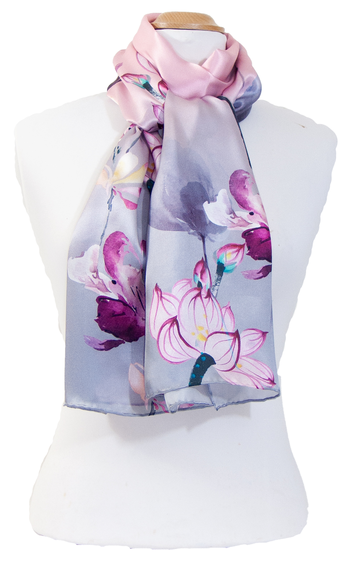 écharrpe foulard soie femme gris rose fleuri Lorine (2)