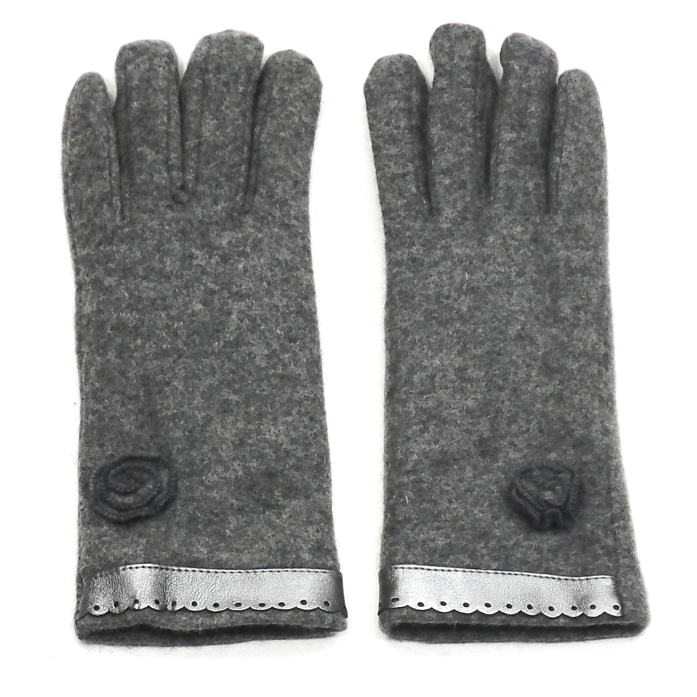 gants laine galon cuir fleur gris GL39 1