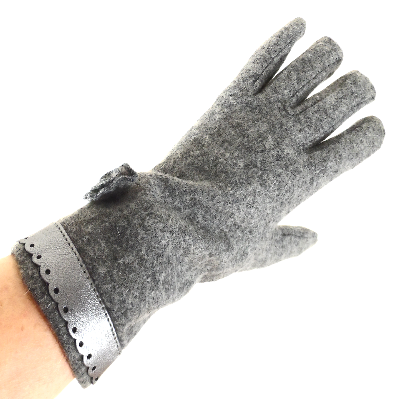 gants laine galon cuir fleur gris GL39 3