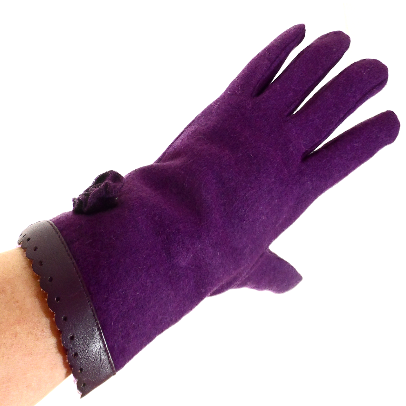 Gants pour femmes en laine violine galon style cuir TU