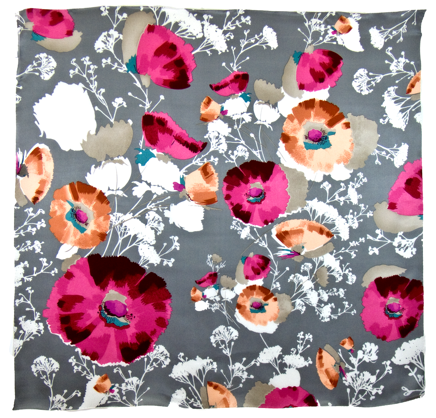 Foulard en soie satin gris floralie premium 90 x 90 cm