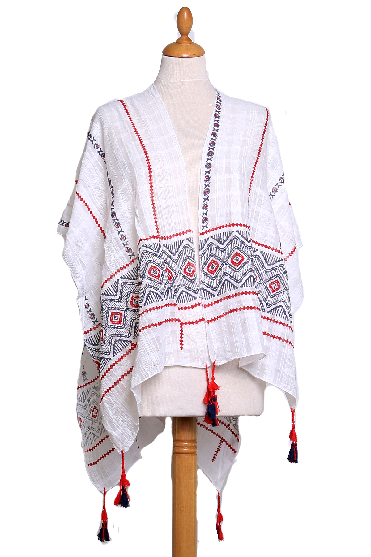 Poncho foulard rouge ethnique pompons