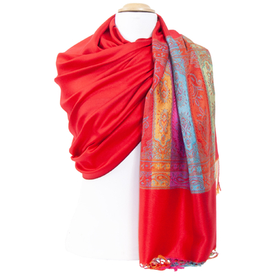 étole pashmina rouge clair motifs multicolores