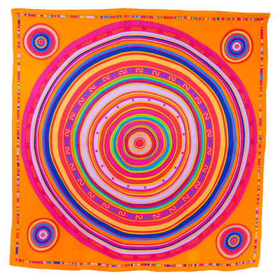 Foulard carré en soie orange cercles