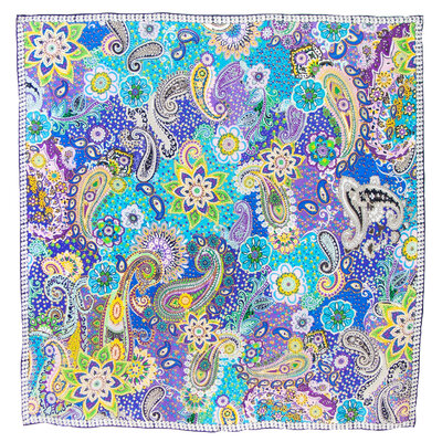 Foulard carré en soie bleu pour femme motifs cachemire