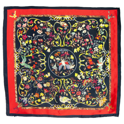 Foulard carré en soie rouge noir pour femme oIseaux constance