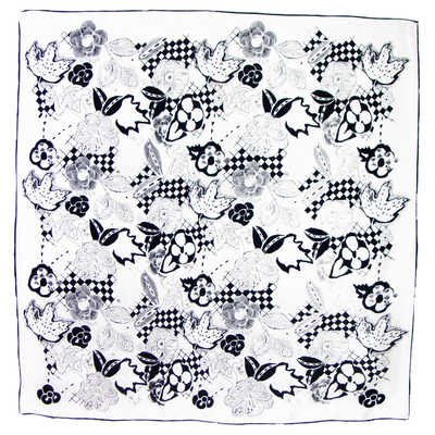 Foulard carré en soie blanc noir pour femme fleurs damiers Ella