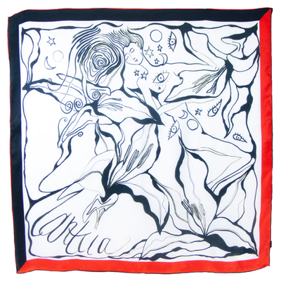 Foulard carré en soie blanc noir pour femme dessin Loriane