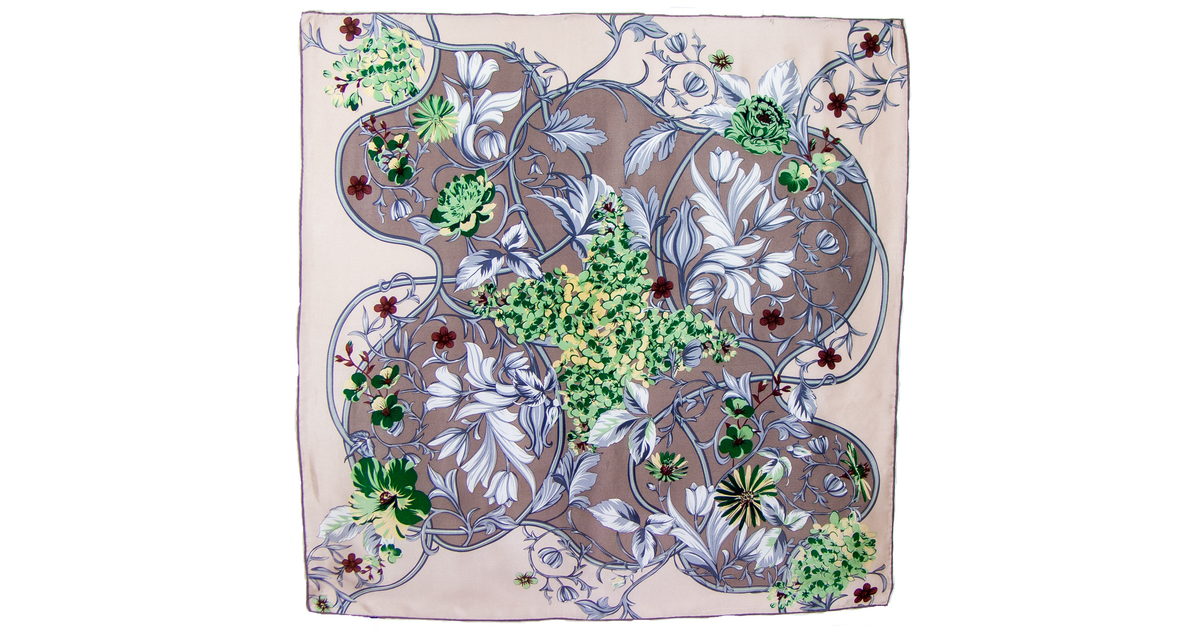 Foulard Carré En Soie Bleu Motifs Graphiques Et Feuilles - Accessoire Femme - Occasion